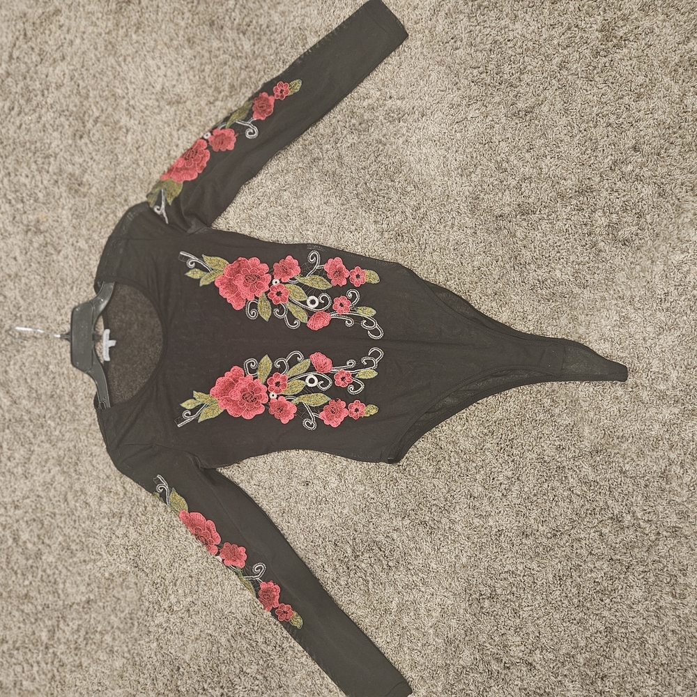 Black Bodysuit with Floral Embroidery